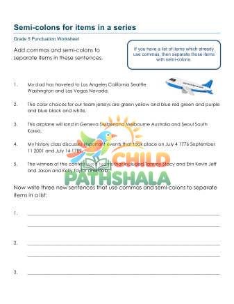 Semi Colons Series B Worksheet for Grade 5