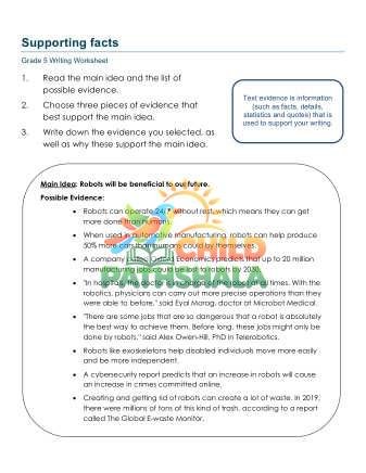 Text Evidence Tjn Worksheet for Grade 5