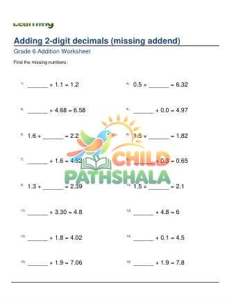 Adding Decimals 0 2 Digits Missing Addend B