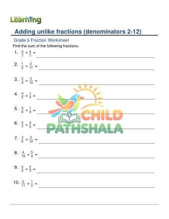 Adding Unlike Fractions Denominators 2 12 C