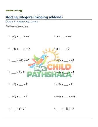 Addition Of Integers Missing Addend A Worksheet for Grade 6