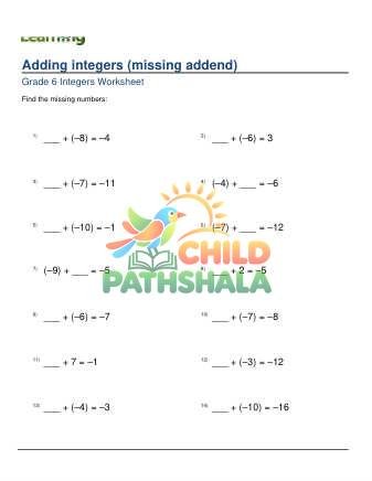 Addition Of Integers Missing Addend B