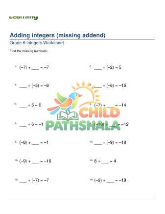 Addition Of Integers Missing Addend D