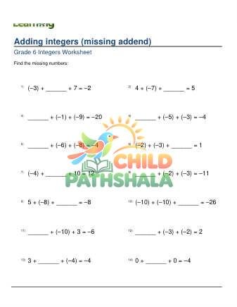 Addition Of Integers Missing Addend Harder A