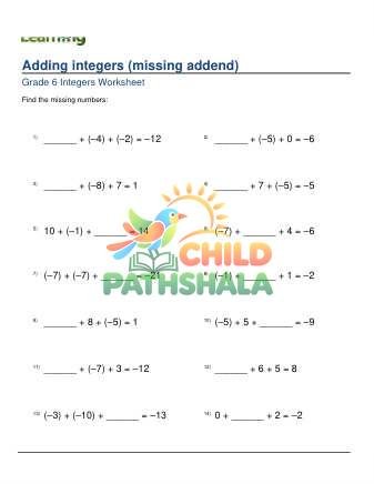 Addition Of Integers Missing Addend Harder B Worksheet for Grade 6