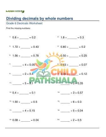 Dividing 1 2 Digit Decimals By Whole Numbers Missing Dividend Divisor A