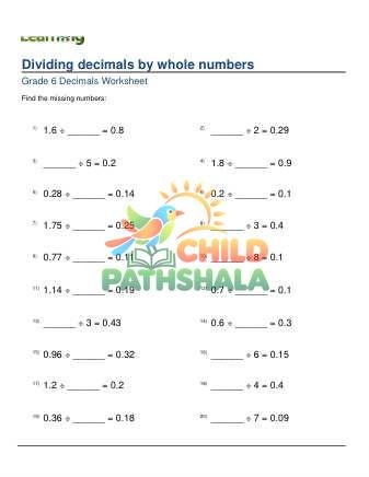 Dividing 1 2 Digit Decimals By Whole Numbers Missing Dividend Divisor C Worksheet for Grade 6