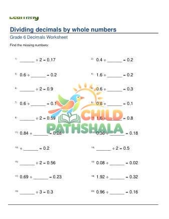 Dividing 1 2 Digit Decimals By Whole Numbers Missing Dividend Divisor D
