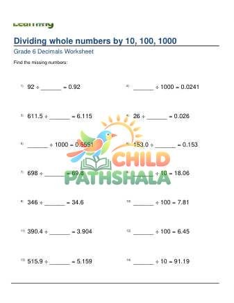 Dividing Whole Numbers By 10 100 1000 Missing Dividend Or Divisor A