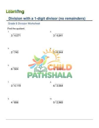 Division By 1 Digit 0 10000 No Remainder E Worksheet for Grade 6