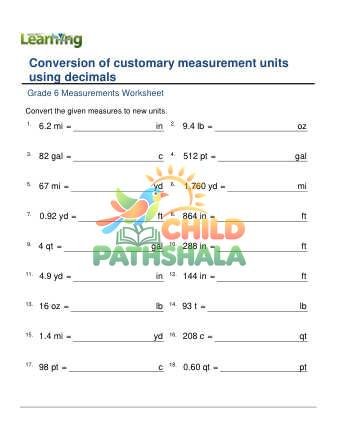 Conversion Of Customary Units Using Decimals D