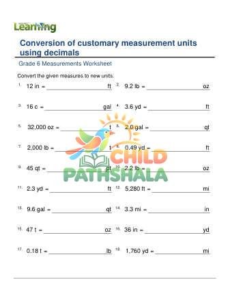 Conversion Of Customary Units Using Decimals E