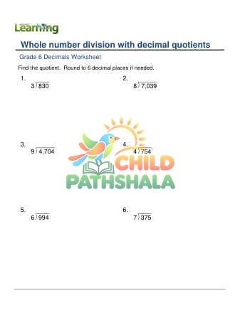 Dividing Whole Numbers Decimal Quotients B Worksheet for Grade 6