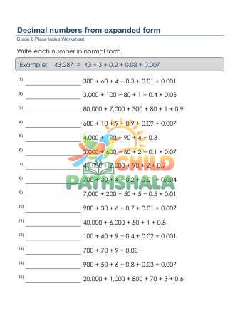 Place Value Normal Form 6 Decimal Digits A