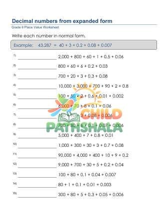 Place Value Normal Form 6 Decimal Digits B Worksheet for Grade 6