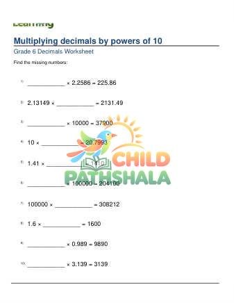 Multiplying Decimals By 10 100 1000 10000 Or 100000 Missing Factor B