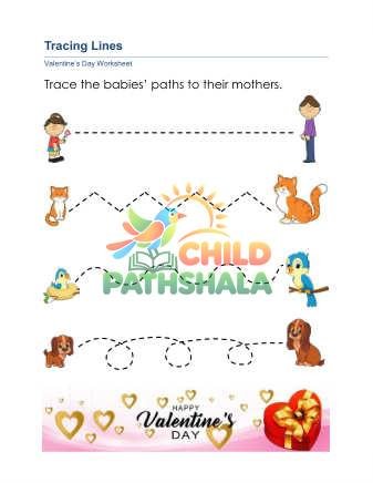 Valentine Tracing Lines Worksheet for Grade 1