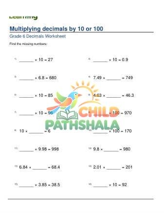 Multiplying Decimals By 10 Or 100 Missing Factor C