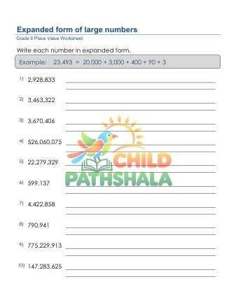Place Value Expanded Form 9 Digits C Worksheet for Grade 6