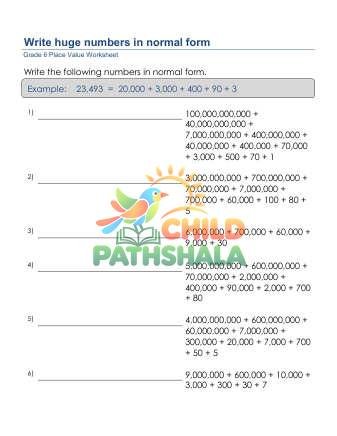 Place Value Normal Form 12 Digits B Worksheet for Grade 6