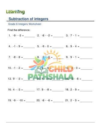 Integer Subtraction Minus 10 To Plus 10 D