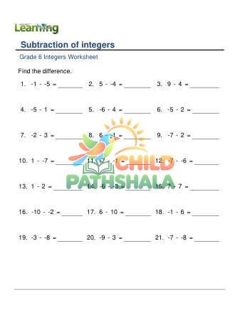 Integer Subtraction Minus 10 To Plus 10 F Worksheet for Grade 6