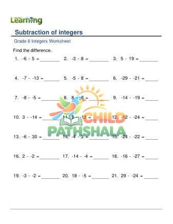 Integer Subtraction Minus 30 To Plus 30 A