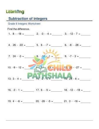 Integer Subtraction Minus 30 To Plus 30 E Worksheet for Grade 6
