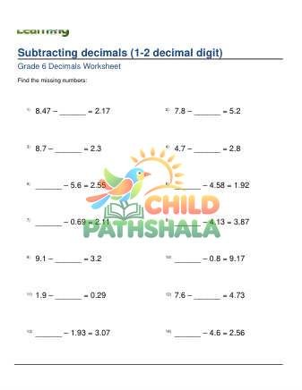 Subtracting Decimals 1 2 Digit Missing Minuend Subtrahend C