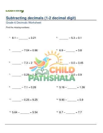 Subtracting Decimals 1 2 Digit Missing Minuend Subtrahend D