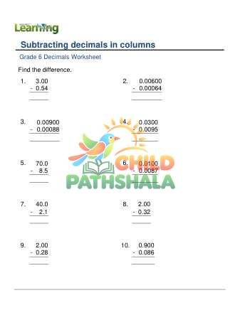 Subtracting Decimals Column 0 6 Decimal Digits A Worksheet for Grade 6
