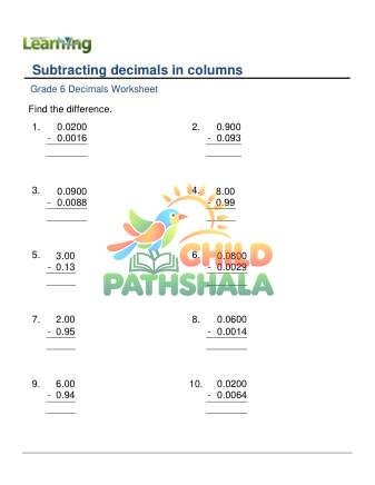 Subtracting Decimals Column 0 6 Decimal Digits C