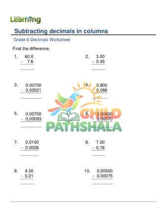Subtracting Decimals Column 0 6 Decimal Digits D