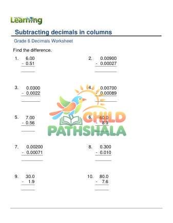 Subtracting Decimals Column 0 6 Decimal Digits E