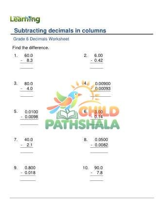 Subtracting Decimals Column 0 6 Decimal Digits F Worksheet for Grade 6