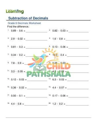 Preview of Subtracting Decimals Mentally 1 2 Decimal Digits