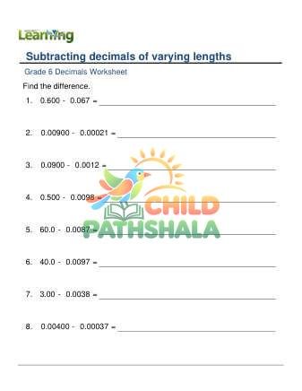 Subtracting Decimals Of Varying Lengths F Worksheet for Grade 6
