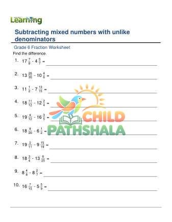 Subtracting Mixed Numbers Denominators To 30 C Worksheet for Grade 6