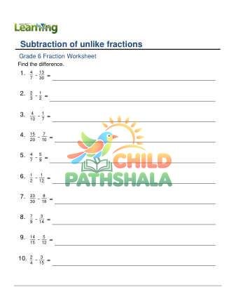 Subtracting Unlike Fractions Denominators To 30 C