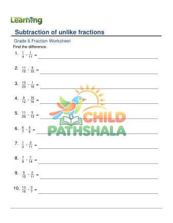 Subtracting Unlike Fractions Denominators To 30 F