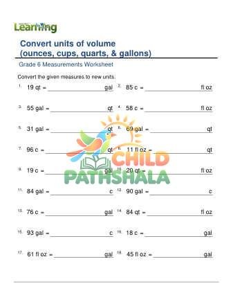 Conversion Ounces Cups Quarts Gallons E Worksheet for Grade 6