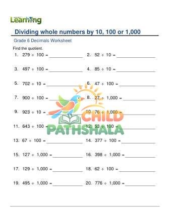 Dividing Whole Numbers By 10 100 1000 C