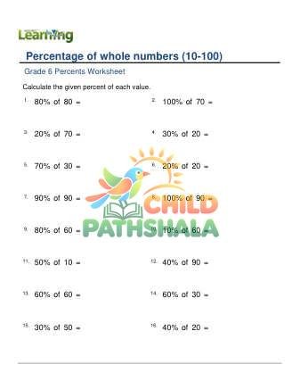 Percentage Multiples Of 10 Easy B Worksheet for Grade 6
