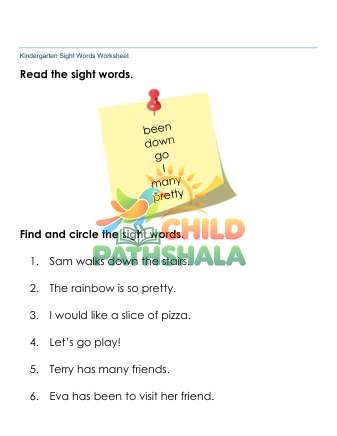 Sight Words Circle Words 4 Worksheet for Kindergarten