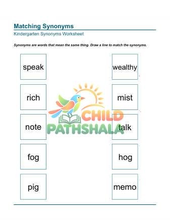 Matching Draw Line Synonyms 2 Worksheet for Kindergarten