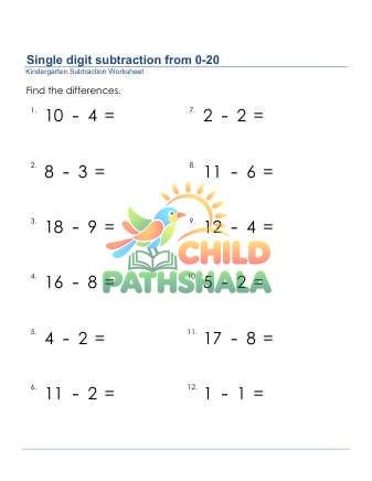 Subtraction 1 Digit From 20 Worksheet for Kindergarten
