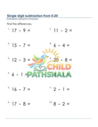 Subtraction 1 Digit From 20 Worksheet for Kindergarten