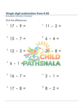 Preview of Subtraction 1 Digit From 20