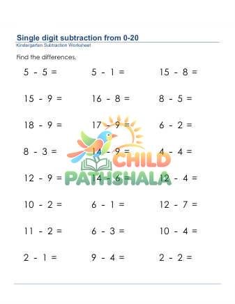 Subtraction 1 Digit From 20 Worksheet for Kindergarten
