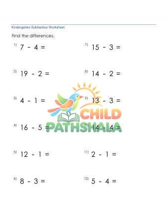 Subtraction 1 Digit From 20 No Borrow Worksheet for Kindergarten